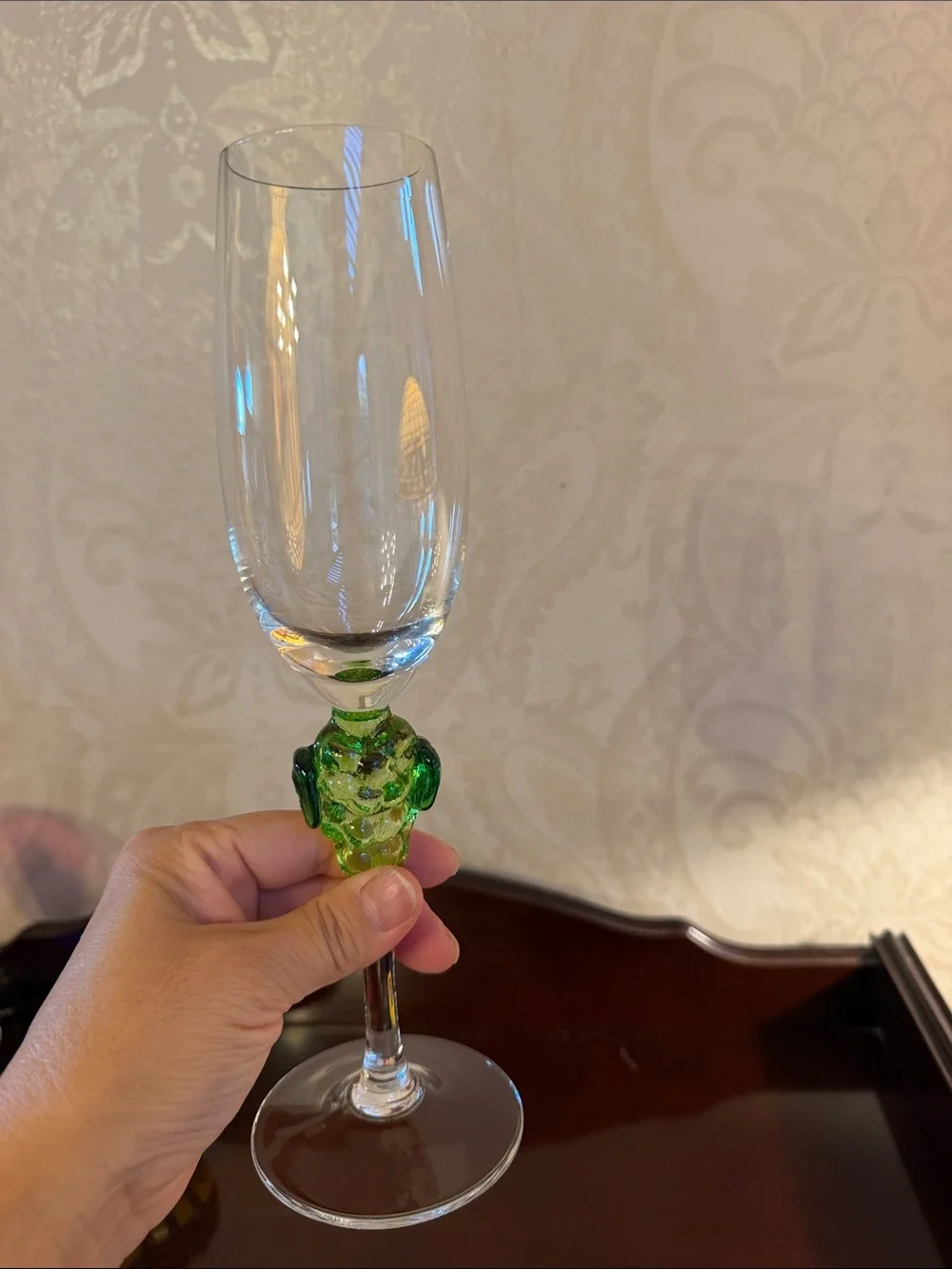 Artisan Green Stem Crystal Champagne Flute - Handcrafted Home Art